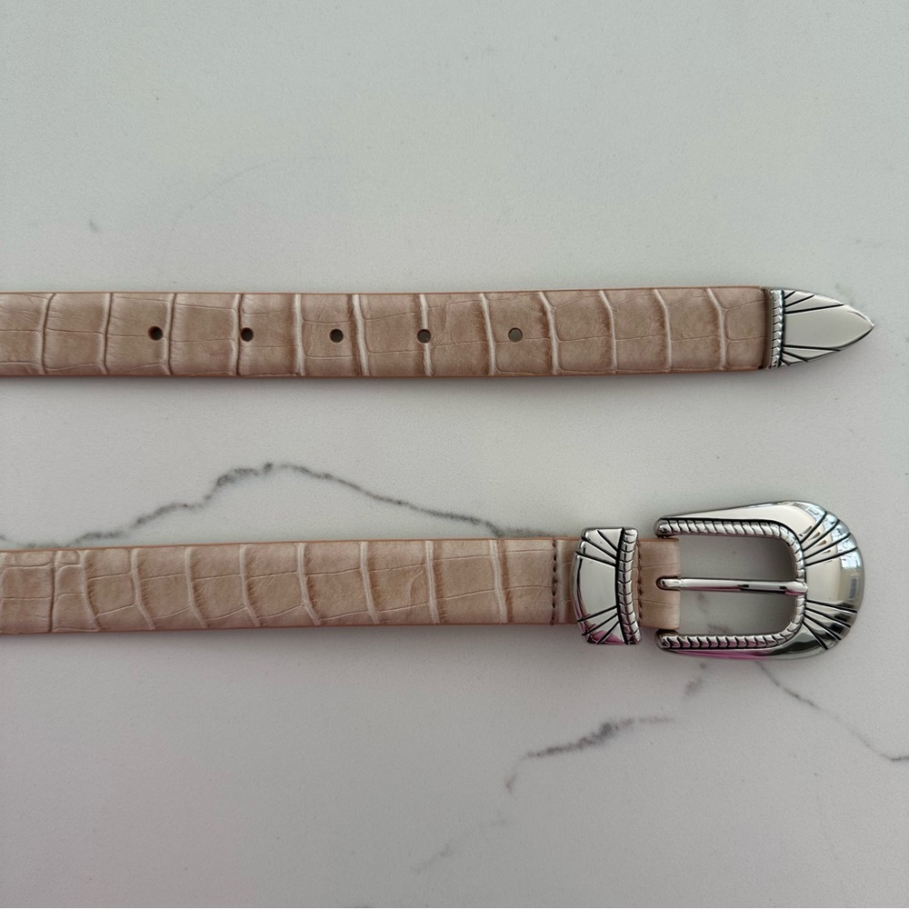 Anthro Vintage Western Crocodile Embossed Leather Belt Warm Beige Silver Small